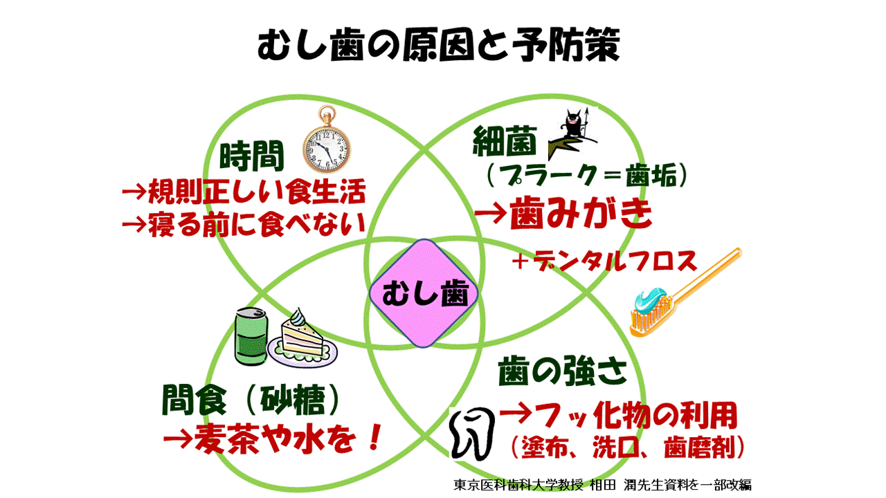 時間の対策（規則正しい食生活、寝る前に食べない等）、間食（砂糖）の対策（飲み物は麦茶や水を飲む等）、細菌の対策（ハミガキやデンタルフロス等）、歯の強さ対策（フッ化物の利用等）でむし歯を予防しよう